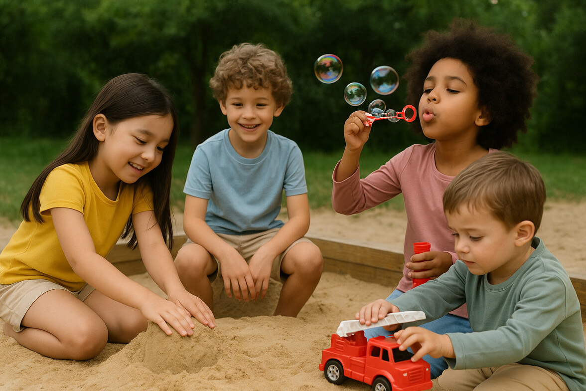 four children sit and play in a sandbox with toys and bubbles